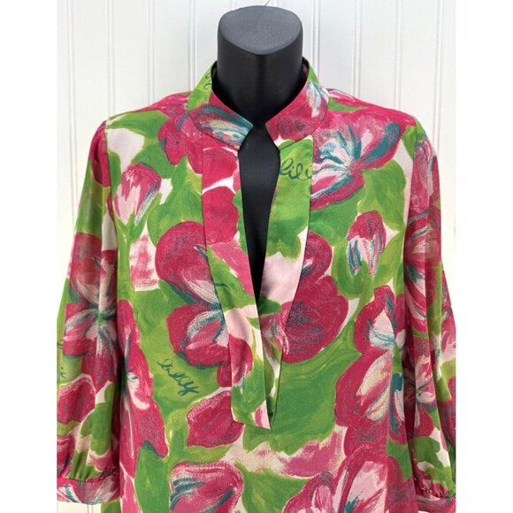 LILLY PULITZER 3/4 Sleeve Tropical Floral Blouse Pink & Green Top Women's S 4 - Picture 3 of 7